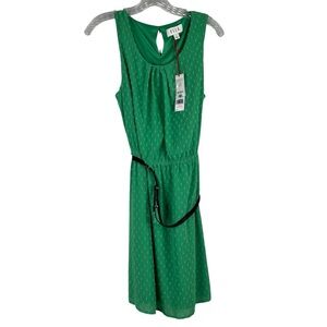 Elle Dress Women's 8 Green Belted Sleeveless Clip Dot Pleat Keyhole Lined